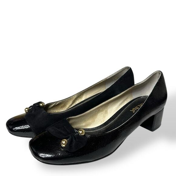 Perlina Pumps Peaches Low Block Heel Gold Details Suede and Patent Leather 9.5M - Picture 2 of 16